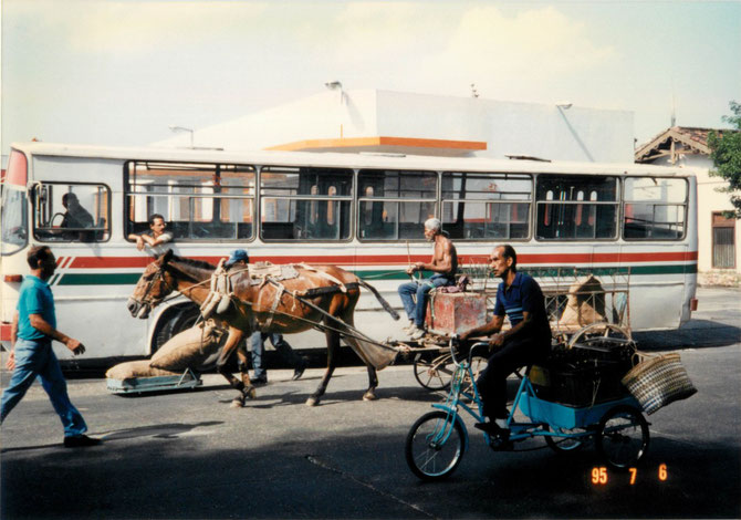 市内の道路は，バスも馬車も三輪車も共存して走る。