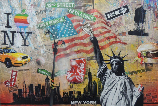 Peinture contemporaine - souvenir de vacances à new-York (acrylique + huile + spray)