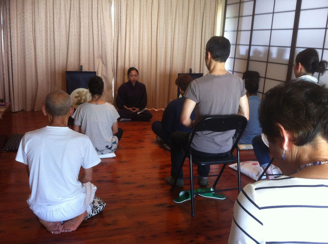 Rev. Wamyo teaching her first Ajikan Meditation class, using English and Japanese at Koyasan Seizanji Temple on her birthday. 