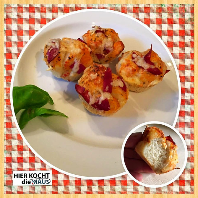 Muffin Pizza mit dicken Teig und 4 Zutaten. Bubble up Pizza