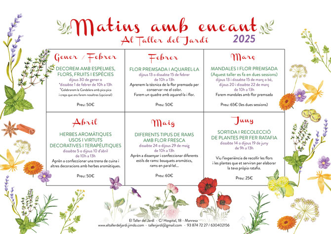 Et proposem un espai per connectar amb l’artista que portes dins.  Tria una activitat o totes! I deixat portar per les aromes, els colors i les plantes que la natura ens ofereix els propers mesos. Apunta’t als Matins Florals del Taller del Jardí.
