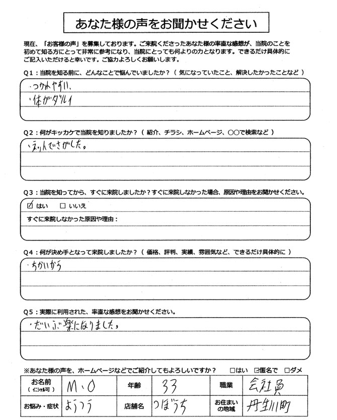 身体の不調で高山市の整体つぼうちに来院されました。