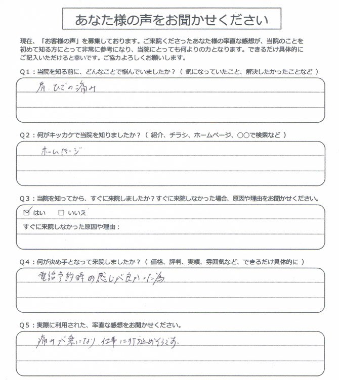肩、ひざの痛みで高山の整体つぼうちに来院されました。