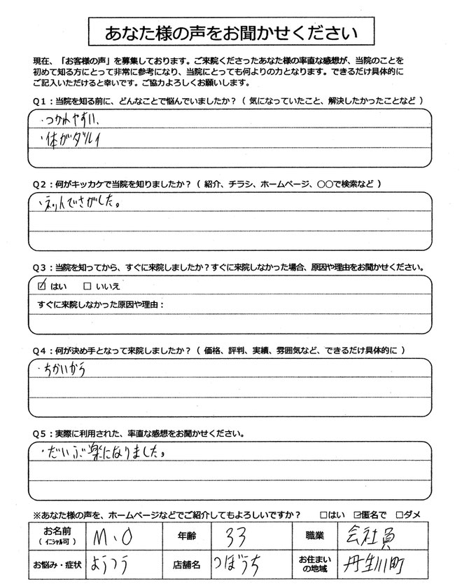 身体の不調で高山市の整体つぼうちに来院されました。