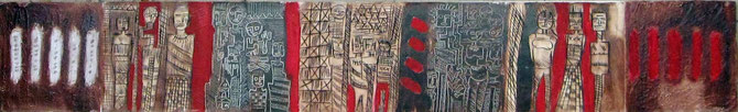 Sans titre, de la serie " Conjugaison africaine ". Untitled, from the serie " Conjugaison africaine " . 110x30 cm, Mixed media on paper.