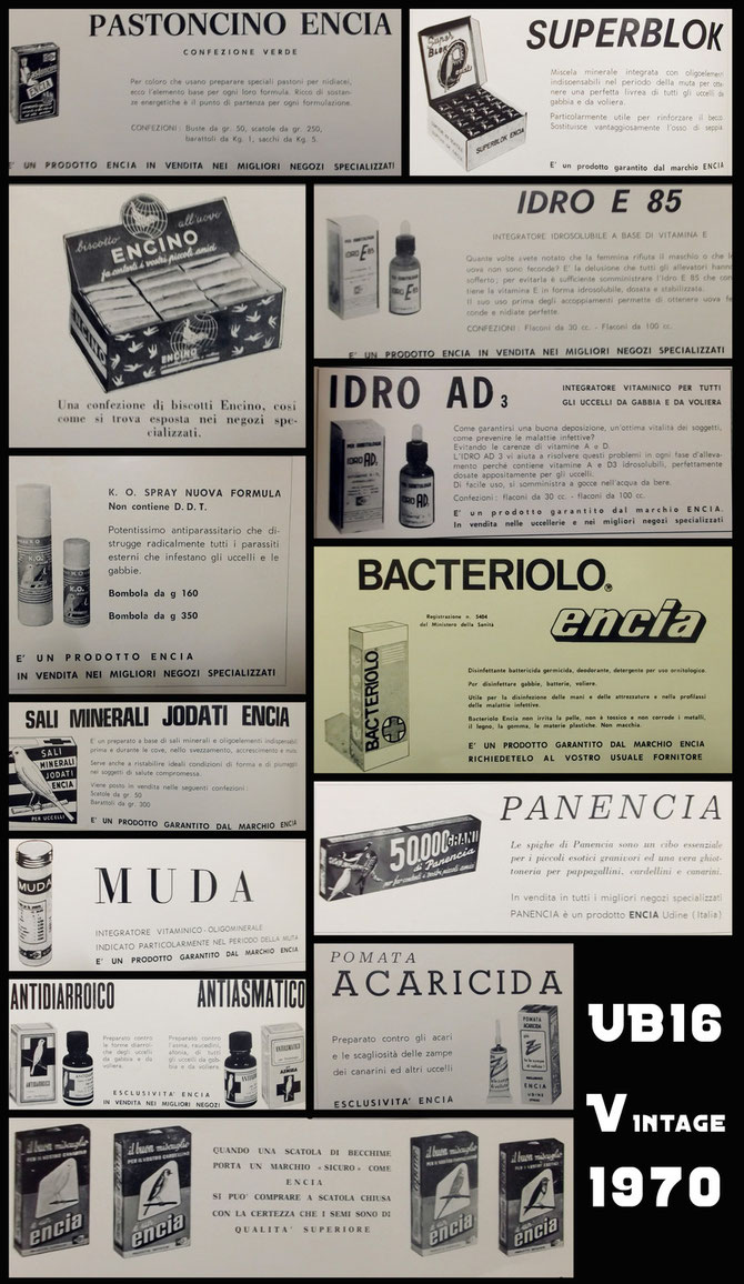Anni '70, vecchi prodotti della Encia, pubblicizzati in riviste dell'epoca (Giornale degli uccelli) Vietato prelevare immagini senza il mio permesso.
