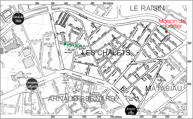 Distances des stations : les pointillés concentriques autour des stations sont équidistants de 100 mètres. Au jardin du Verrier, vous êtes à 400 mètres, à vol d'oiseau, de la station Compans-Caffarelli comme de Canal du Midi. Cliquez pour agrandir.
