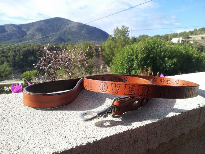 Special design leash, made of double natural vegetal leather with on one side text and other side pawprints, padded handle, keyring, special braiding parts, 69 euro