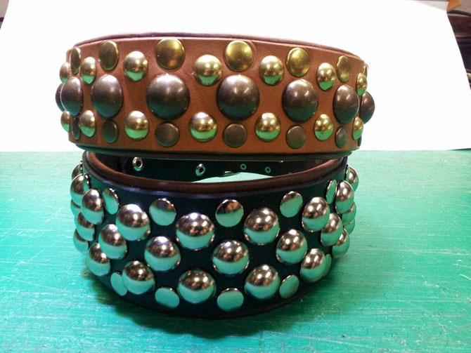 "Big Silver Stud" and "Big Brass Stud" leather collars with studs and rivets, 64 euro each!