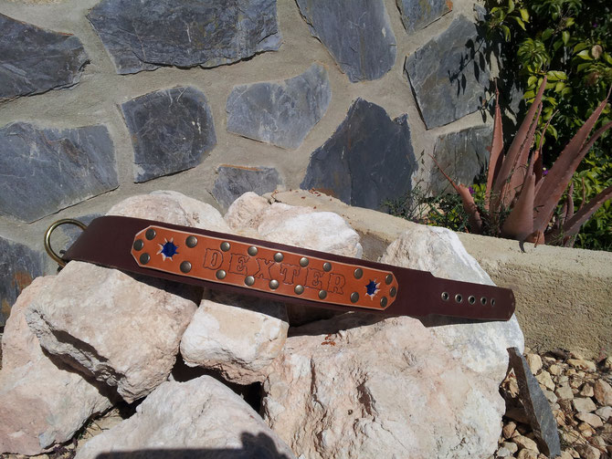 "Sunny CowBoy", 5 cm wide thick brown cow leather, namestrip with bronze colored rivets and two metallic blue peepholes "sun", eyelets, 74 euro ROTOTO