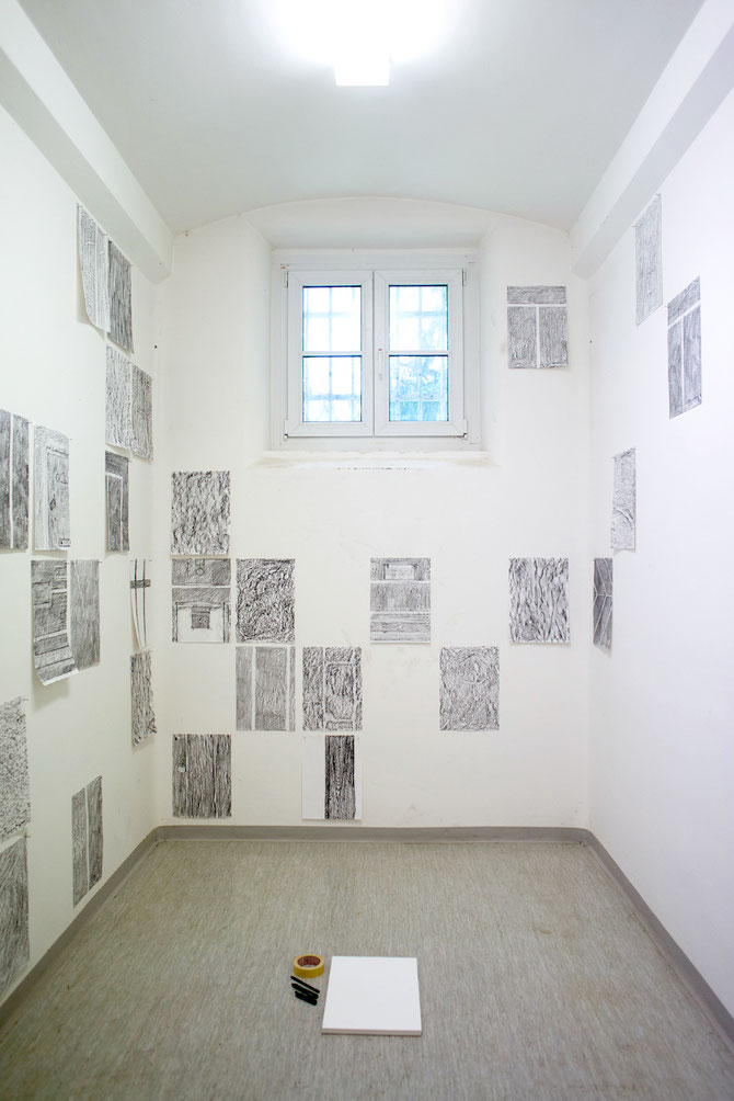 My contribution was collecting signs and traces of wear and usage preserved in the building's surfaces using frottage. Visitors are invited to contribute to the exhibition by searching for clues and transferring textures on paper themselves.