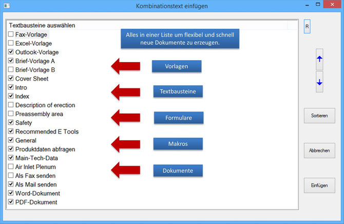 Textbausteine, Formulare und Makros in einer Liste organisieren und daraus Dokumente generieren