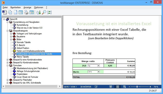 Textbaustein mit integrierter Excel-Tabelle