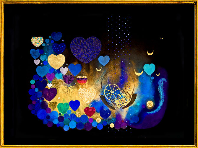 " Tango Hearts " Mixmedia with Swarovski Crystals and metal foils