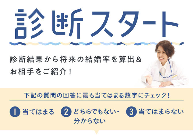 診断スタート！診断結果から将来の結婚率を算出＆お相手をご紹介！