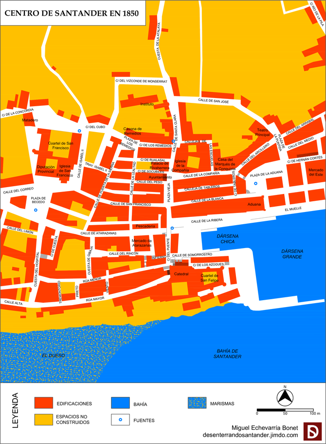Plano del centro de Santander en 1850