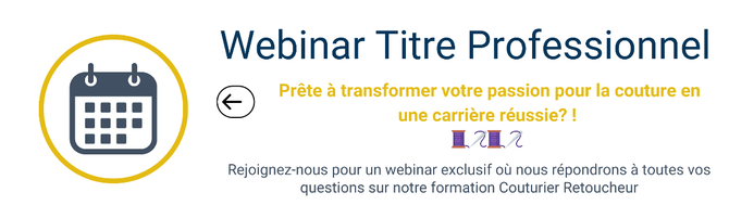 Graphique du Webinar Titre Professionnel en couture, avec un calendrier symbolique et une invitation à transformer sa passion en carrière