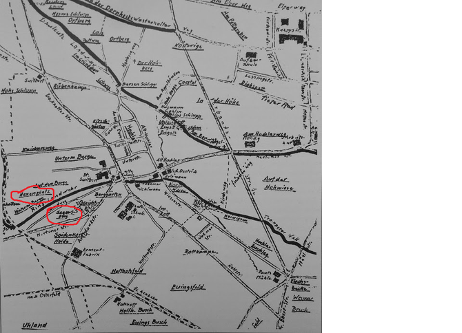 Landwehren in Hochlar. Bild: Aus dem Buch ,,Hochlar-eine Ortsteilgeschichte"/ Rot eingekreiste Punkte kann man heute noch sehen