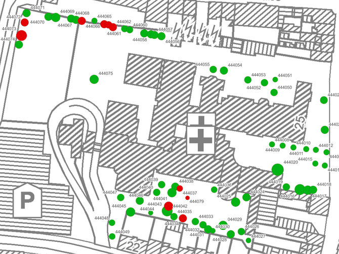 Beispiel eines Baumkatasters auf dem Grundstück eines Krankenhauses. Die Punkte stellen Bäume dar. Jeder hat eine Nummer und ist mit weiteren Daten hinterlegt. Rot hervorgehoben sind Bäume, die eine Pflegemaßnahme erfordern.