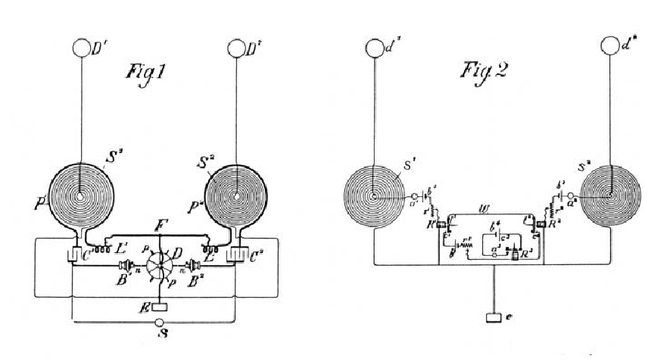 Drawings from the U.S. AND-logic gate patent METHOD OF SIGNALING, No. 723,188 (improved type-one, C/S #1). Dr. Nikola Complete Patents, p. 409