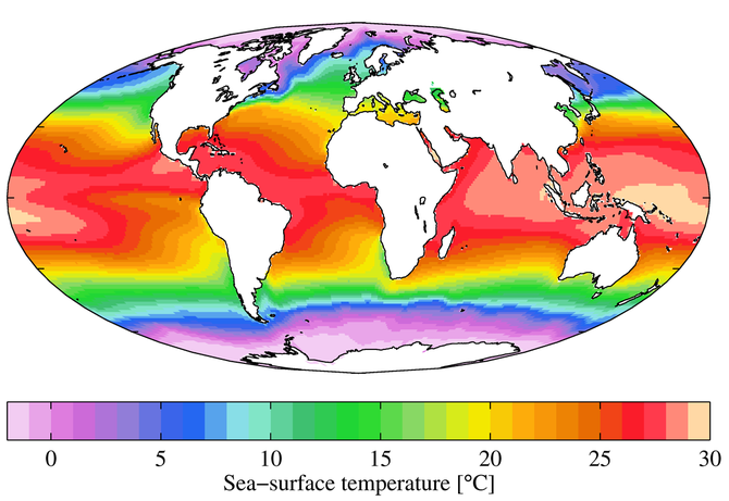 Annual average sea surface temperature, by Plumbago - Own work. Licensed under CC BY-SA 3.0 via Commons - https://commons.wikimedia.org/wiki/File:WOA09_sea-surf_TMP_AYool.png#/media/File:WOA09_sea-surf_TMP_AYool.png