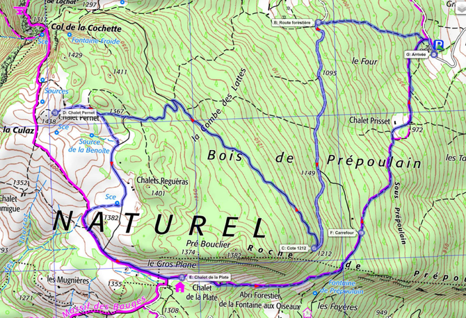 Itinéraire de montée du groupe animé par Denis et descente commune aux deux groupes