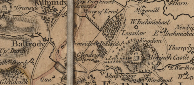 "Dikeside" of Megginch, to the west of Megginch Castle, on James Stobie's map of the counties of Perth and Clackmannan, 1783