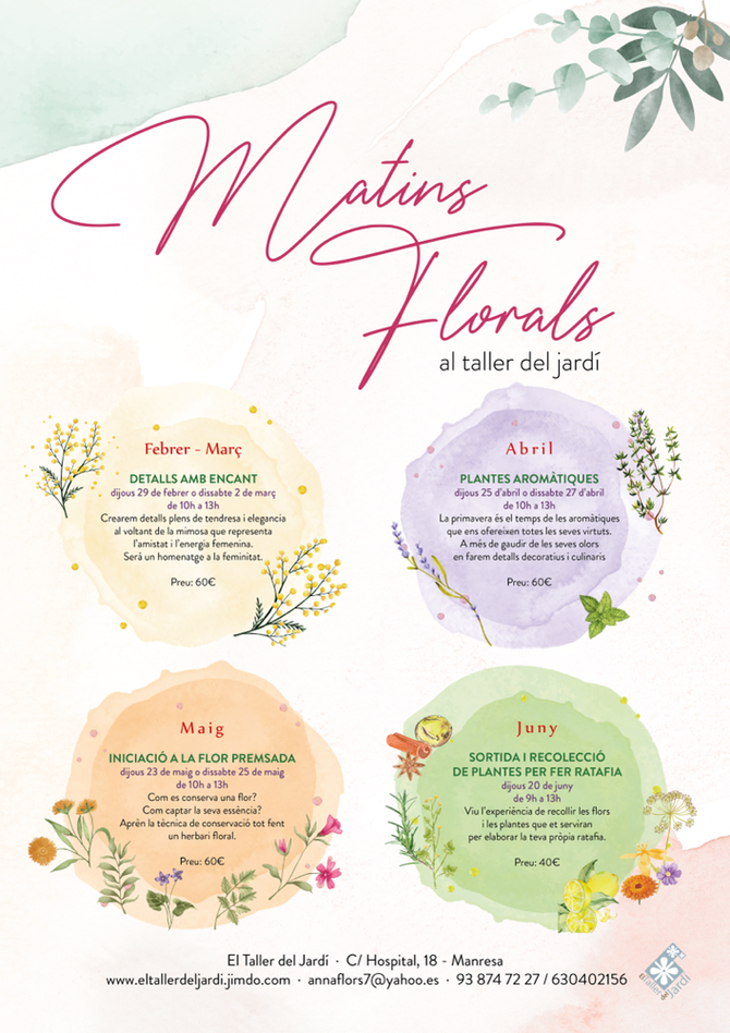 Et proposem un espai per connectar amb l’artista que portes dins.  Tria una activitat o totes! I deixat portar per les aromes, els colors i les plantes que la natura ens ofereix els propers mesos. Apunta’t als Matins Florals del Taller del Jardí.