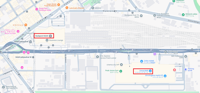 アリーナモールからブダペスト東駅までの地図