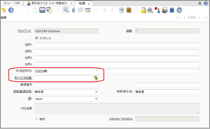 住所ウィンドウ：市区町村データをフリー入力した時の登録情報。市区町村マスタが設定されておらず、フリー入力した名称だけが登録されている事が確認できます。