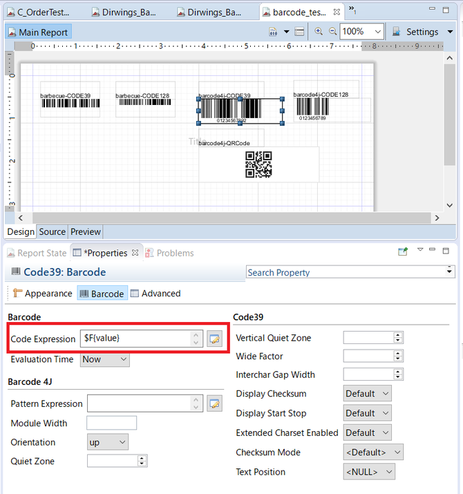 Jaspersoft studioのバーコードのプロパティ
