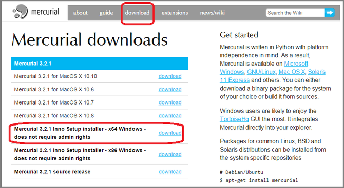 http://mercurial.selenic.com/downloadsからダウンロードする