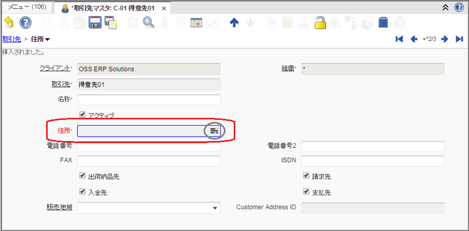 住所入力フィールドの例：取引先の住所タブ