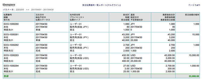 受注伝票粗利一覧レポート