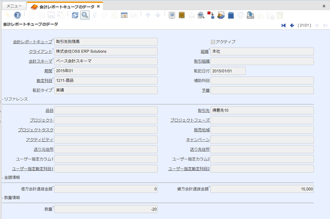 会計レポートキューブのデータを表示するウィンドウ