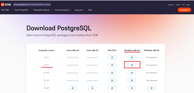 PostgreSQL13ダウンロード