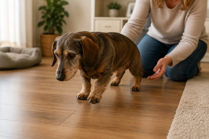 Senior-Dackel läuft vorsichtig über glatten Holzboden in einer Wohnung, begleitet von einer unterstützenden Person im Hintergrund.