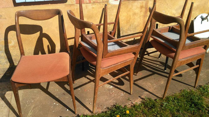 relooking de meuble chaise 70 bois et tissus  blanc bleu cuivre vintage le mans sarthe