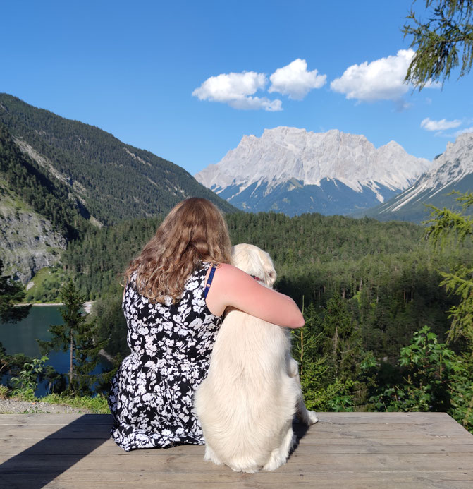 Blick auf die Zugspitze, mit Golden Retriever Lotta