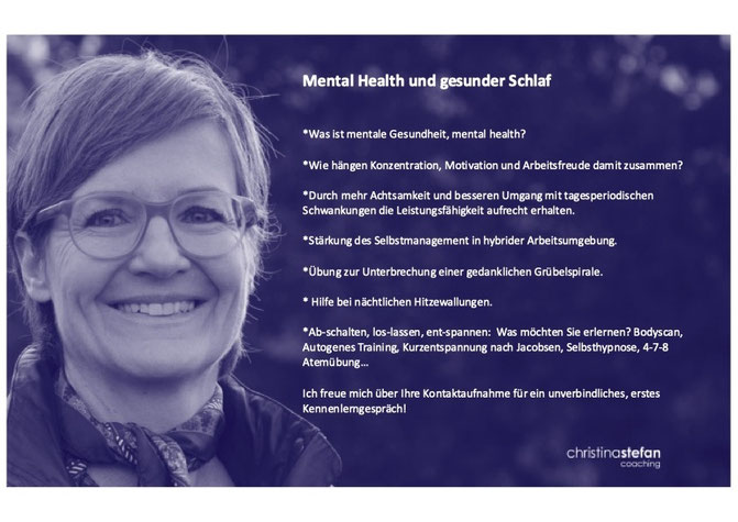 Gesicht einer weißen circa 50jährigen Frau mit Brille und kurzen blonden Haaren. Der Text handelt von Übungen und Tipps für guten Schlaf.