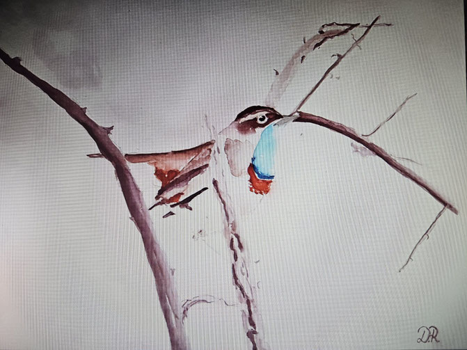 Gemälde eines Vogels mit blauer Brust, zwischen kahlen Zweigen hockend.