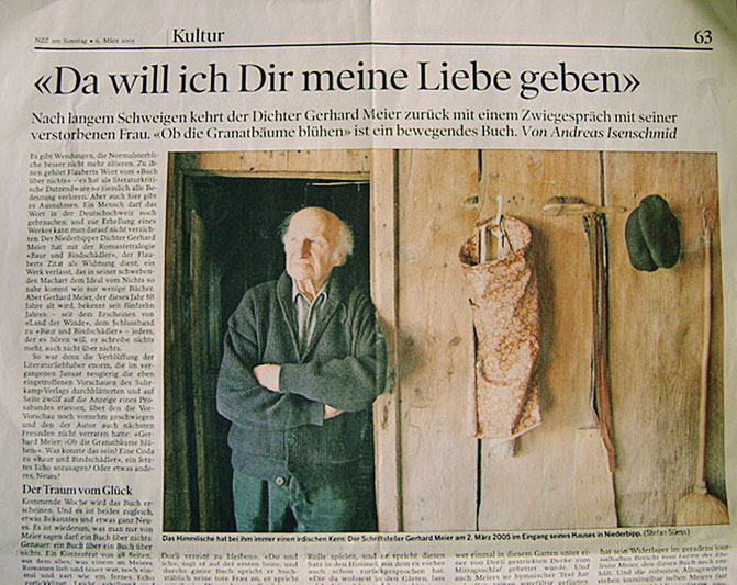 Pedro Meier – Andreas Isenschmid – Buchbesprechung – Gerhard Meier »Ob die Granatbäume blühen« ist ein bewegendes Buch… – NZZ Kultur 6.3.2005 – »Da will ich dir meine Liebe geben« – Archiv Pedro Meier Multimedia Artist Niederbipp – SIKART Zürich