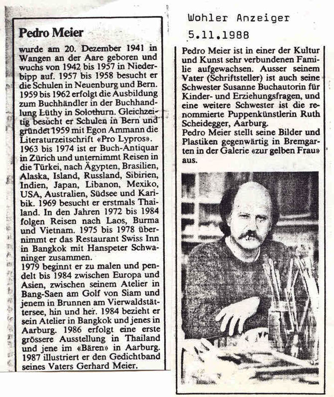 Pedro Meier – A'Leu, Schriftsteller, Bildhauer, Edition LEU Bericht zur Ausstellung Pedro Meier in der Galerie Zur gelben Frau« Bremgarten – Bilder & Holzskulpturen, Wohler Anzeiger 5.11.1988 – Pedro Meier Multimedia Artist SIKART Zürich, Niederbipp