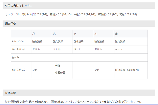 中国語学留学　華東師範大学（上海）　授業時間割