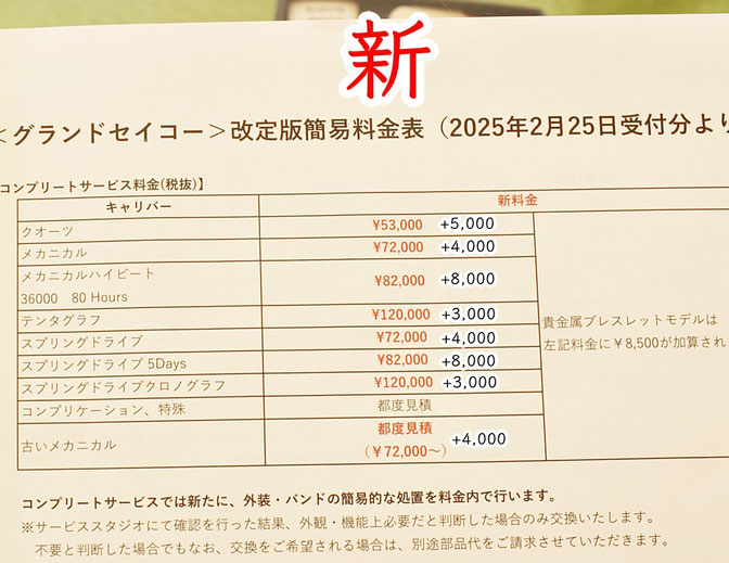 グランドセイコーのメーカー修理料金改定