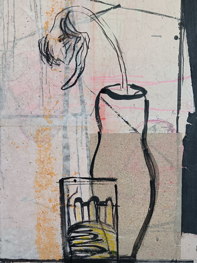SUNFLOWER STILL LIFE I | 2024 | 80 x 60 cm | acrylic, ink, charcoal, pastel, wax crayon, handmade paper, collage on canvas