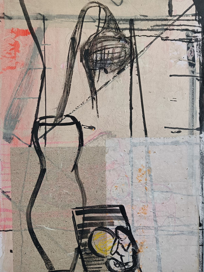 SUNFLOWER STILL LIFE III | 2024 | 80 x 60 cm | acrylic, ink, charcoal, pastel, wax crayon, handmade paper, collage on canvas