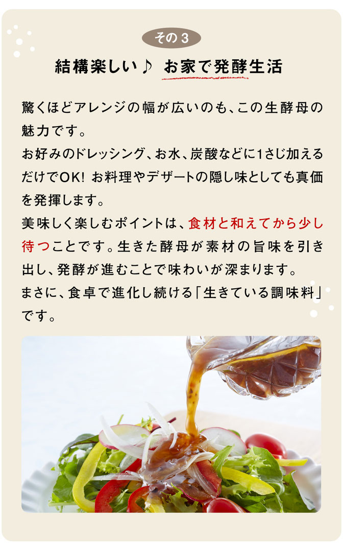 その3 結構楽しい♪ お家で発酵生活｜驚くほどアレンジの幅が広いのも、この生酵母の魅力です。  お好みのドレッシング、お水、炭酸などに1さじ加えるだけでOK! お料理やデザートの隠し味としても真価を発揮します。 美味しく楽しむポイントは、食材と和えてから少し待つことです。生きた酵母が素材の旨味を引き出し、発酵が進むことで味わいが深まります。  まさに、食卓で進化し続ける「生きている調味料」です。