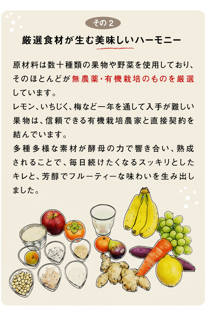 その2 厳選食材が生む美味しいハーモニー｜原材料は数十種類の果物や野菜を使用しており、そのほとんどが無農薬・有機栽培のものを厳選しています。 レモン、いちじく、梅など一年を通して入手が難しい果物は、信頼できる有機栽培農家と直接契約を結んでいます。 多種多様な素材が酵母の力で響き合い、熟成されることで、毎日続けたくなるスッキリとしたキレと、芳醇でフルーティーな味わいを生み出しました。
