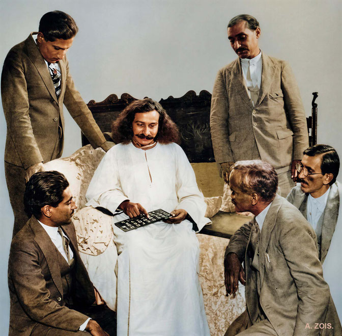 1932 : Meher Baba dictating a message to his men Mandali in London. Image rendition by Anthony Zois.